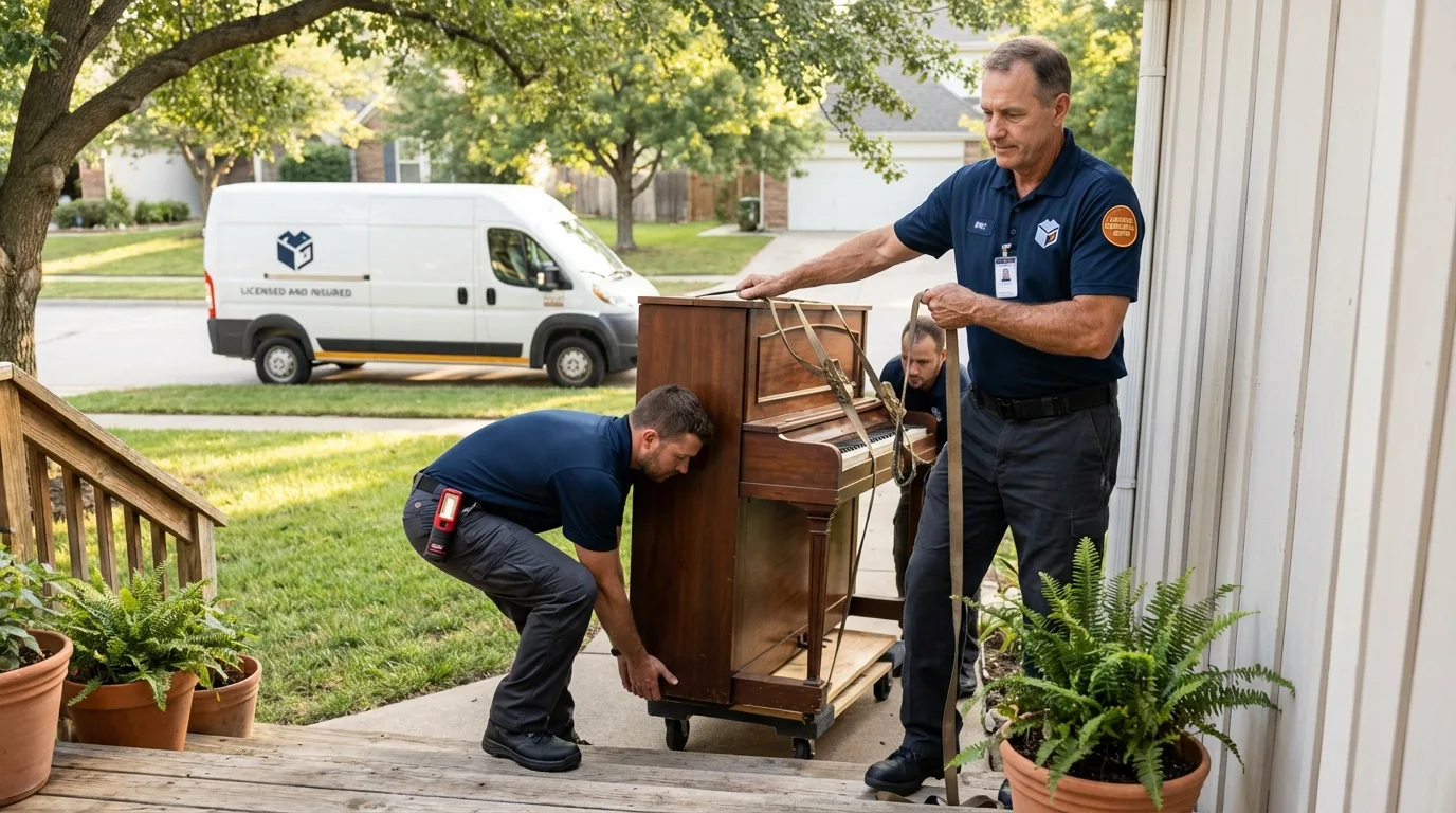 Licensed piano movers securing grand piano in Chelsea, AL
