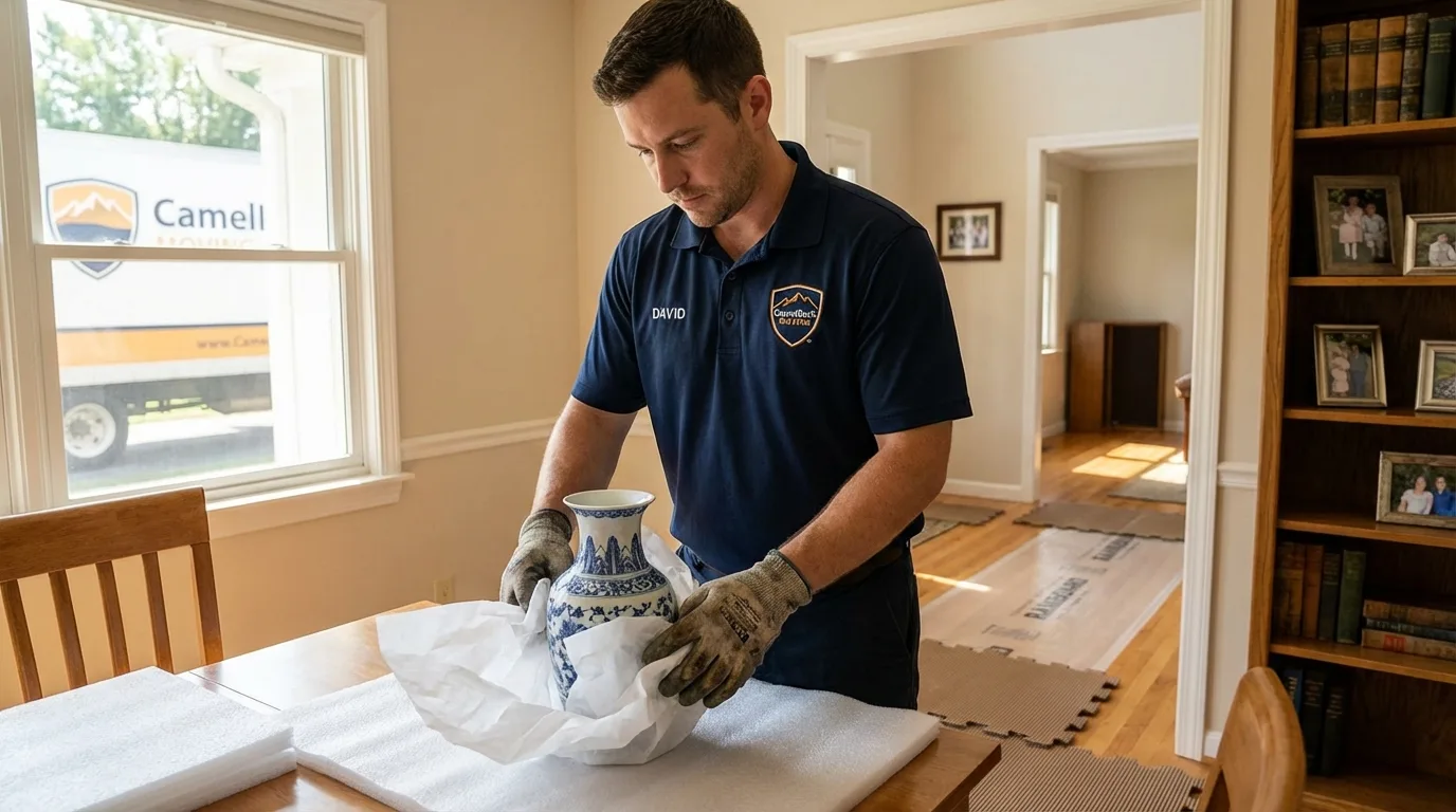 Professional crew carefully wrapping antique vase for senior downsizing move in Chelsea, AL